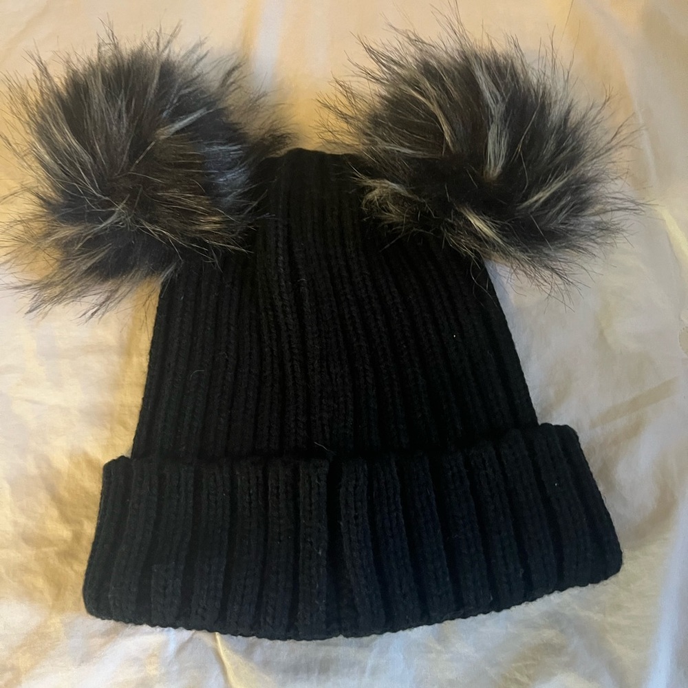 Black double Pom Pom hat , look extra this winter